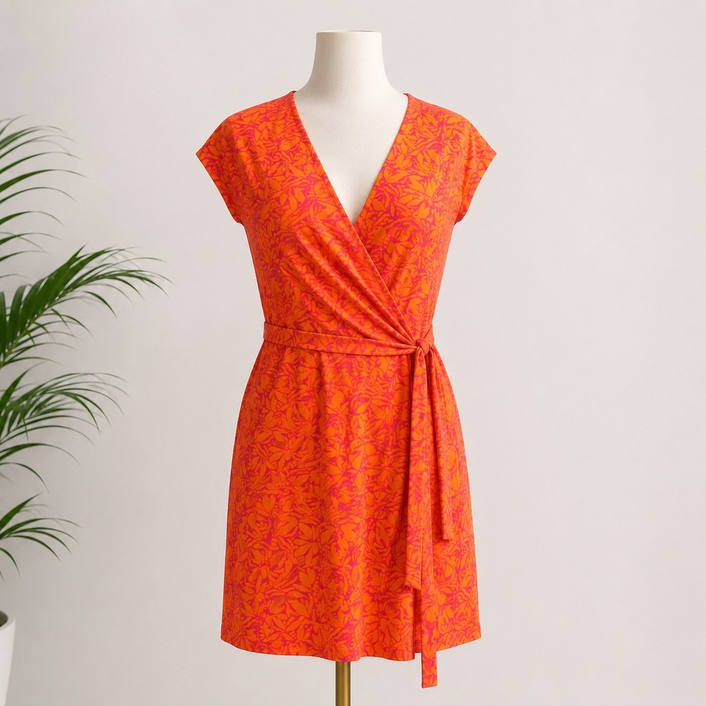Nine West Faux Wrap Dress S Orange Pink Floral Short Sleeve Tie Waist Stretchy